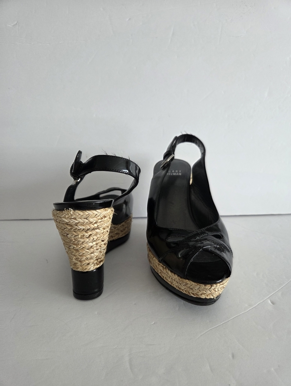 Stuart Weitzman Black Leather Espadrille Wedge Slingbacks Sz.6M - Picture 4 of 7